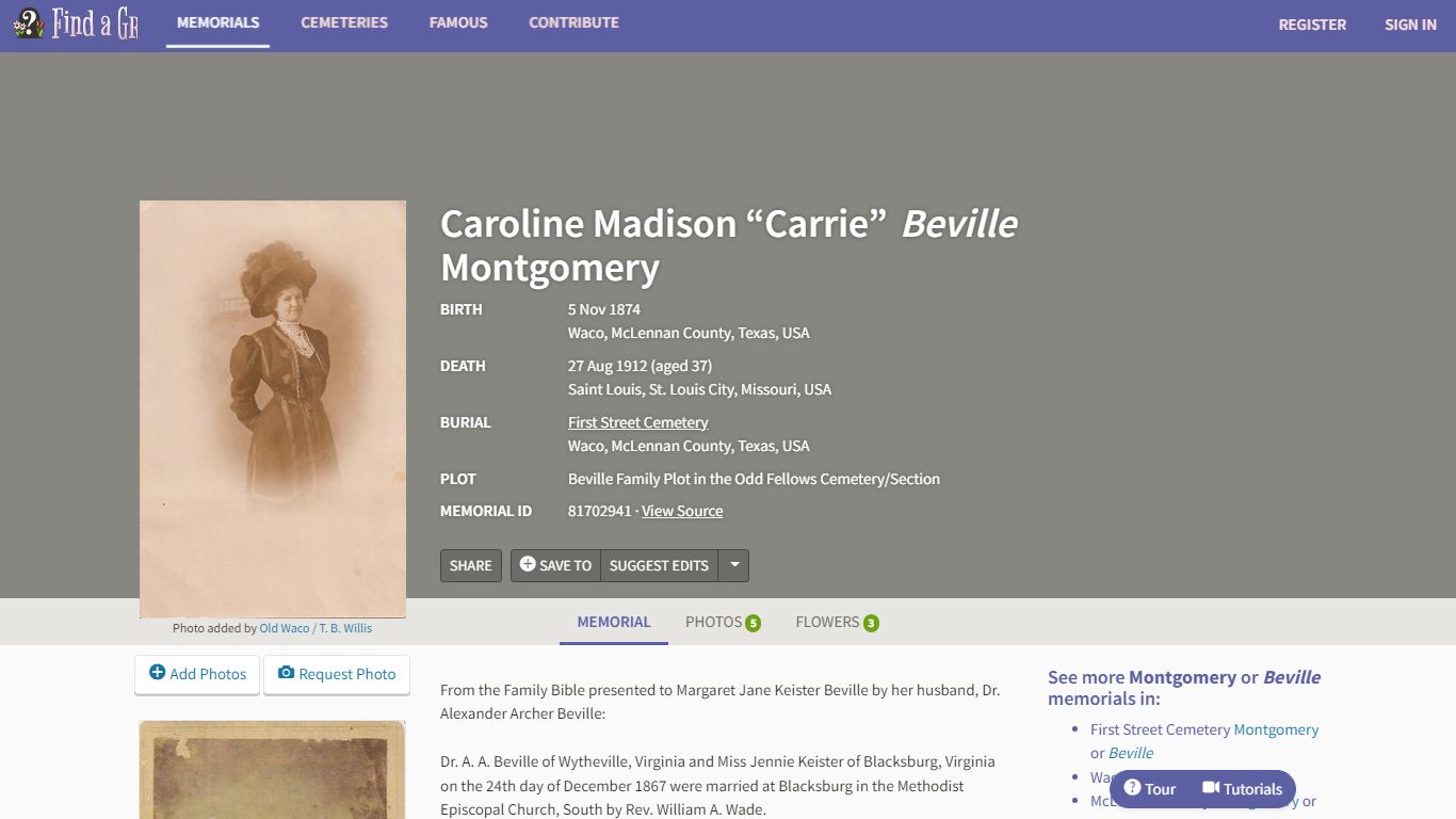 Caroline Madison “Carrie” Beville Montgomery (1874-1912) - Find a Grave ...